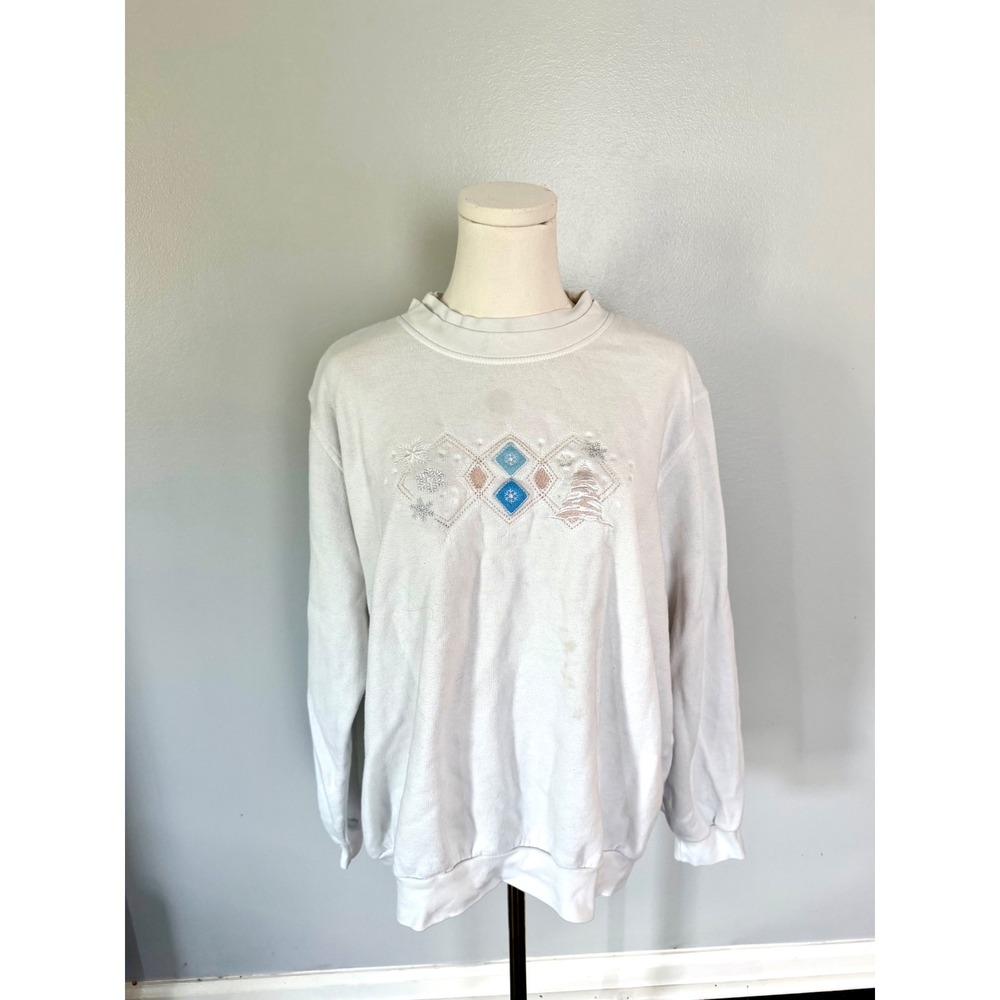 Vintage Bon Worth Cream Snowflake Argyle Sweatshirt Grandmacore Sz L